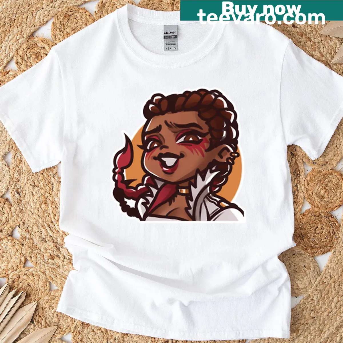 Sticker-style t-shirt design featuring Loba from Apex Legends — on a men's t-shirt