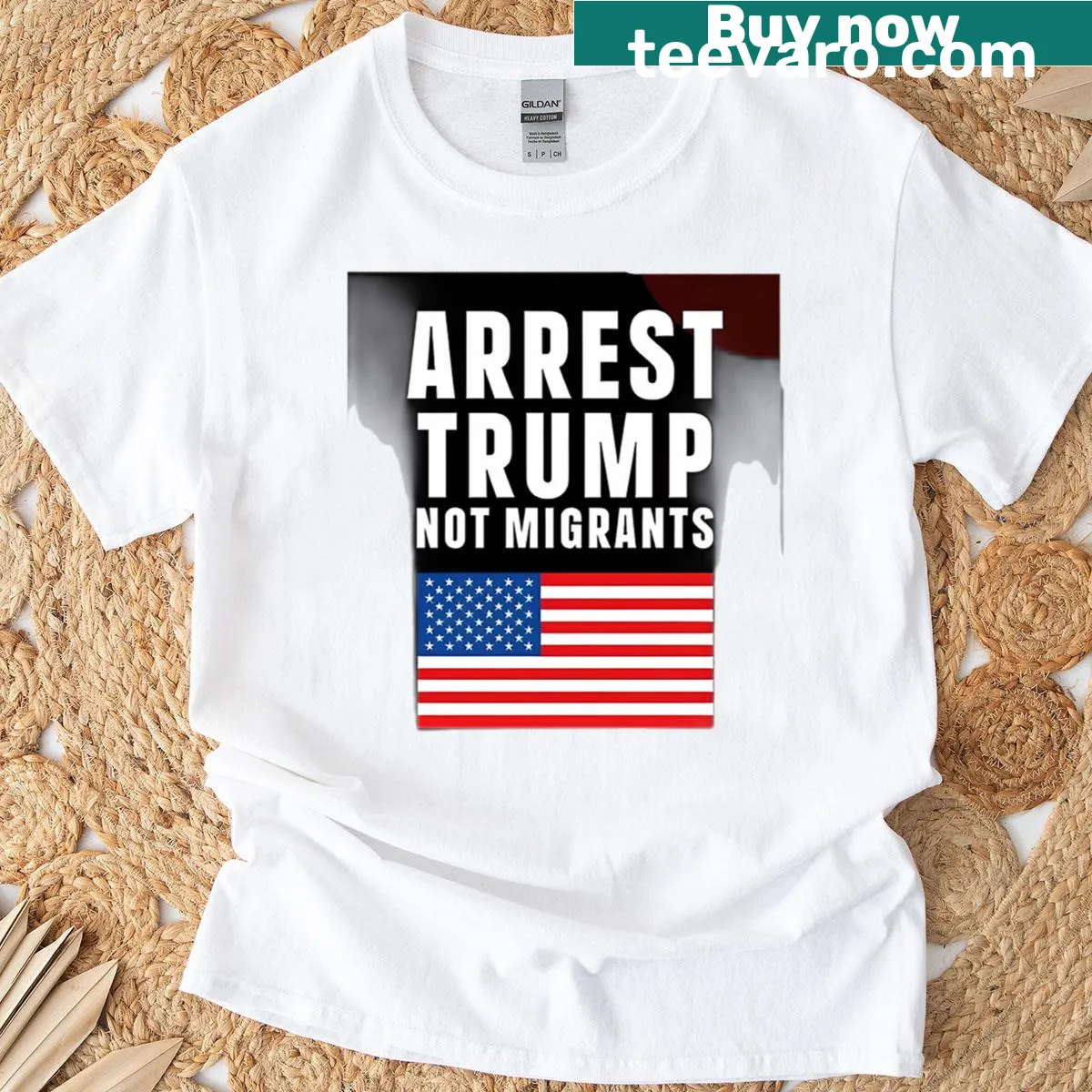 Fitted political activism t-shirt with Arrest Trump Not Migrants message — on a men's t-shirt