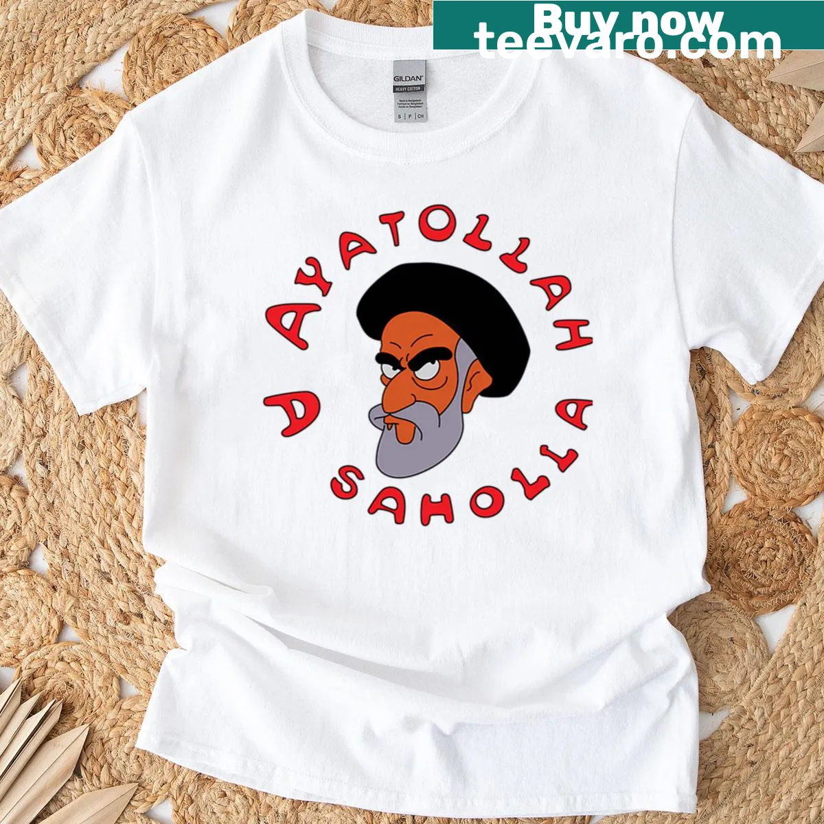 Playful typography design with Ayatollah Asaholla phrase — on a men's t-shirt