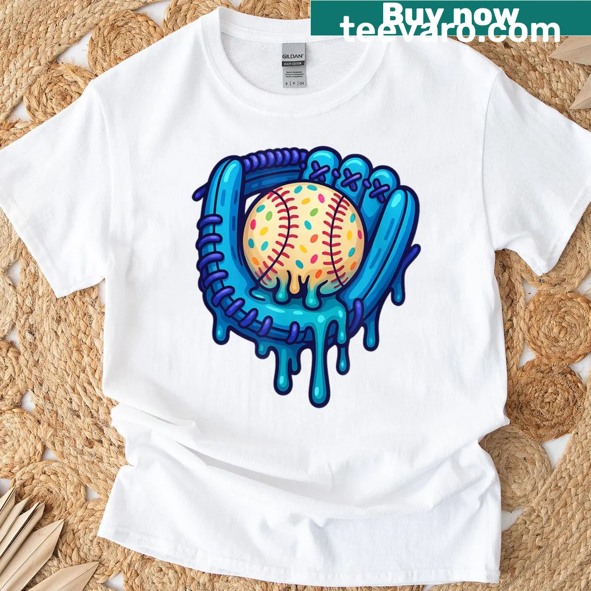 Baseball glove with ice cream and sprinkles cartoon design T-shirt — on a men's t-shirt
