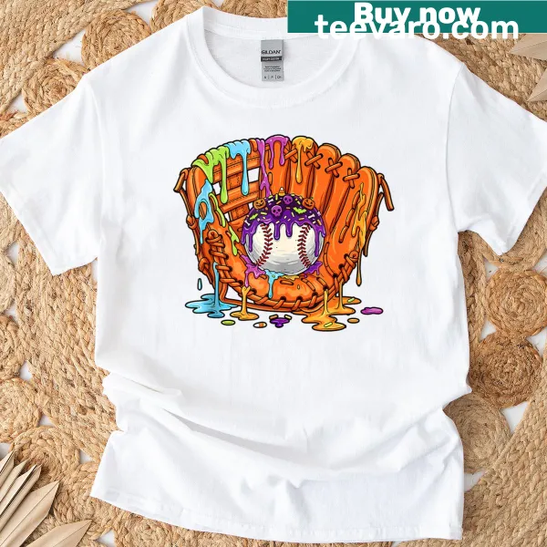 Playful t-shirt with a baseball glove and ice cream drip design for kids.