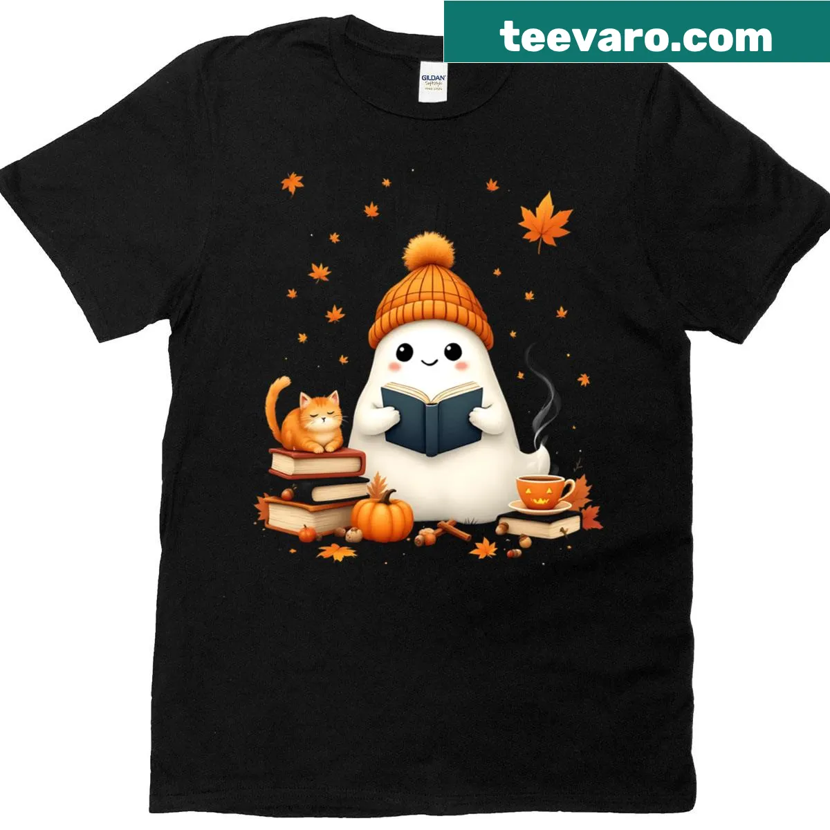 Cozy cat with beanie and ghosts on Halloween T-shirt — on a men's t-shirt