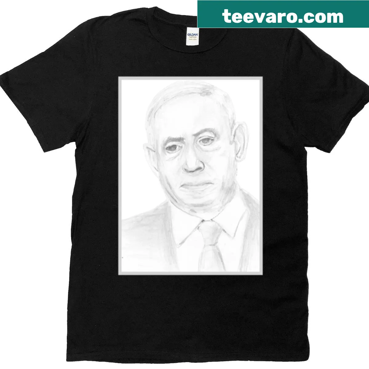 Satirical pencil portrait of Benjamin Netanyahu on a T-shirt — on a men's t-shirt