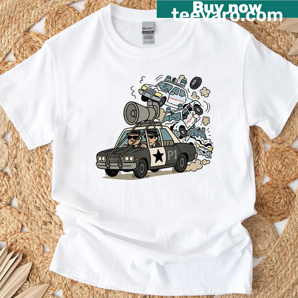 Playful graphic of singing brothers in a police chase on an oversized t-shirt. — on a men's t-shirt
