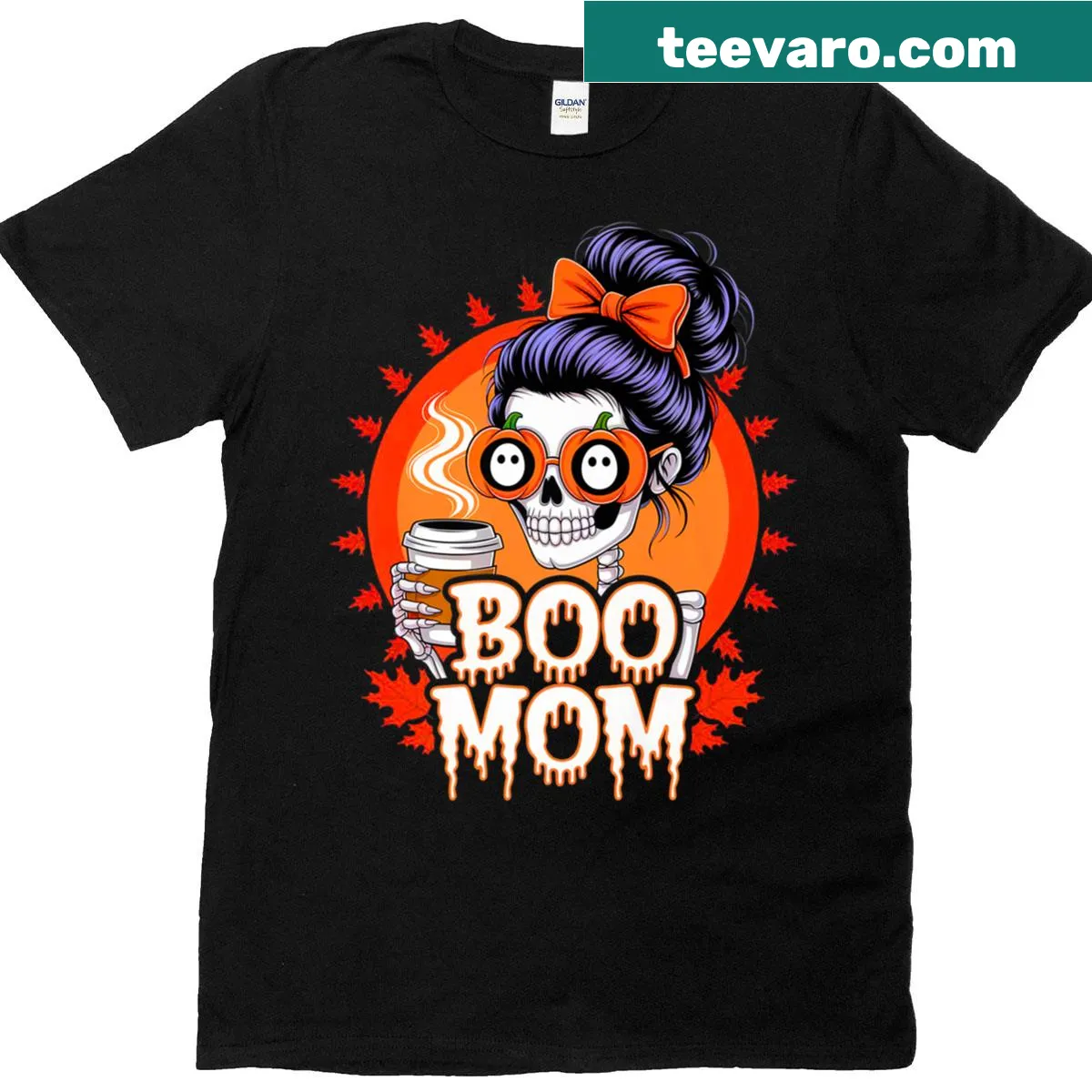 Cute Halloween T-shirt with a skeleton mom in a messy bun and coffee — on a men's t-shirt