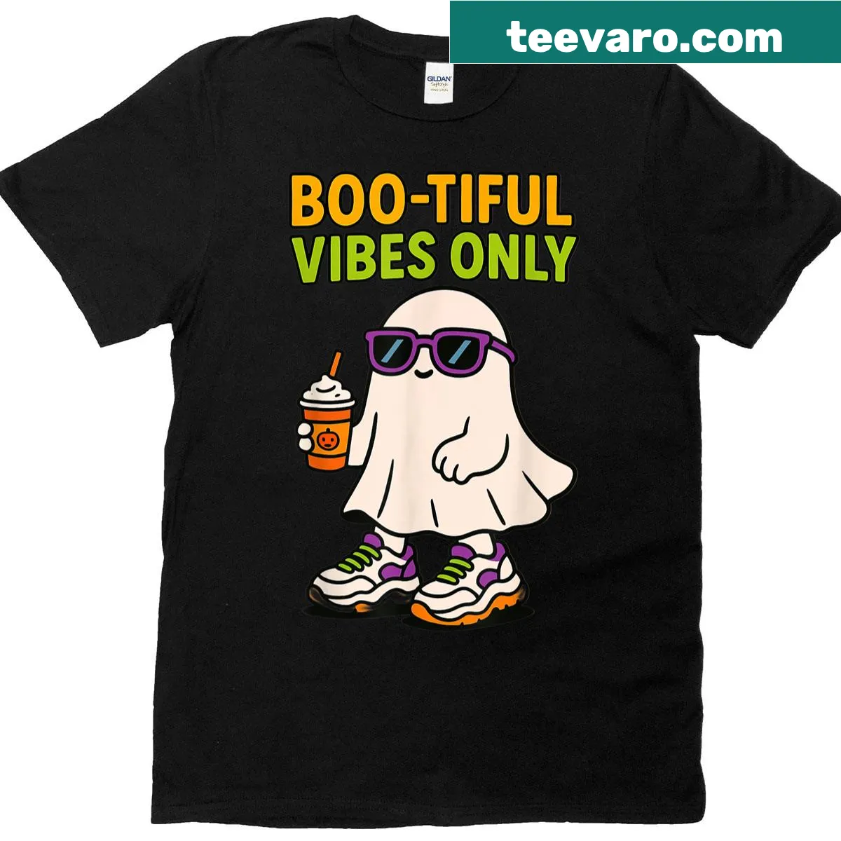 Cute ghost illustrations with text 'Boo-tiful Vibes Only' for Halloween — on a men's t-shirt