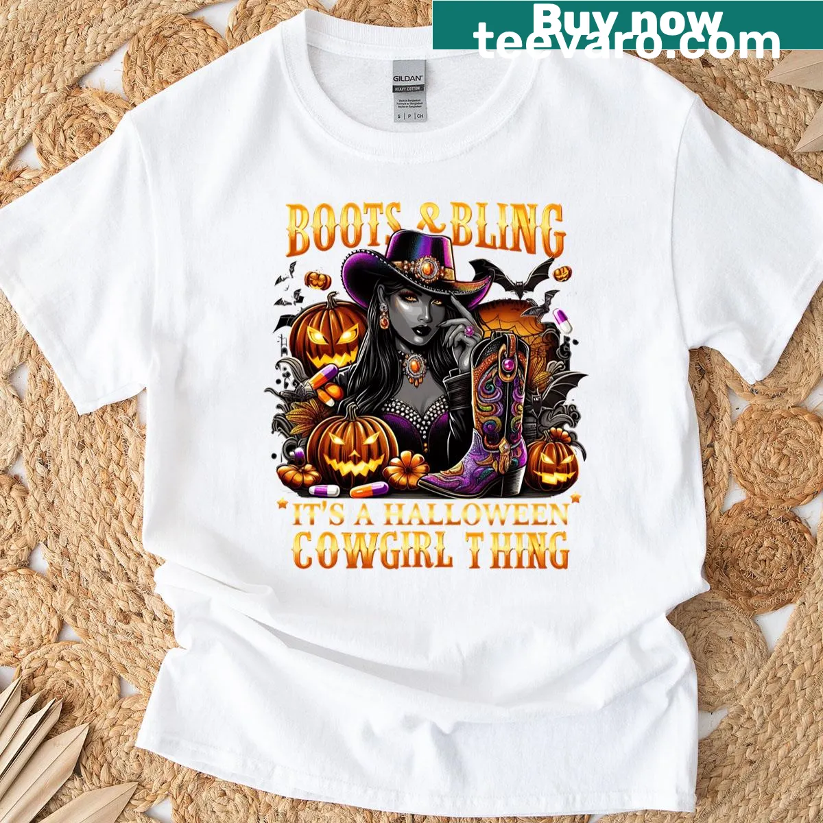 Halloween cowgirl t-shirt featuring boots, bling, and a pumpkin design — on a men's t-shirt
