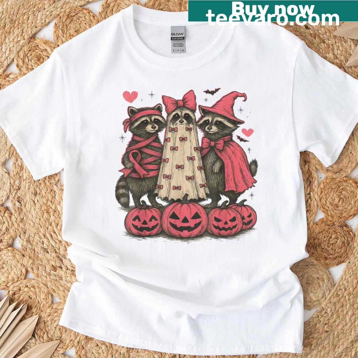 Raccoon ghost witch T-shirt with pink ribbon for breast cancer awareness — on a men's t-shirt