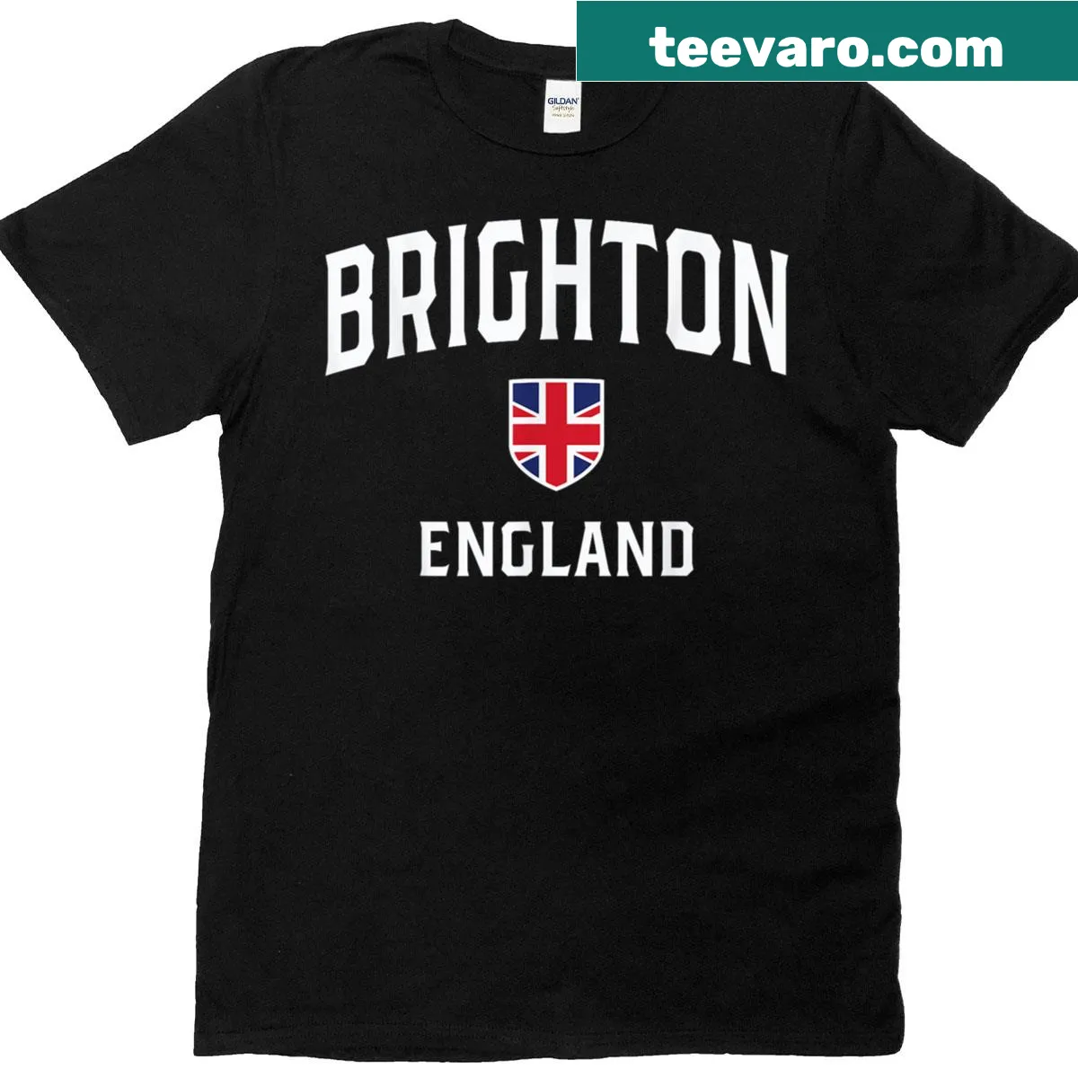 Brighton England flag design on a shield T-shirt — on a men's t-shirt