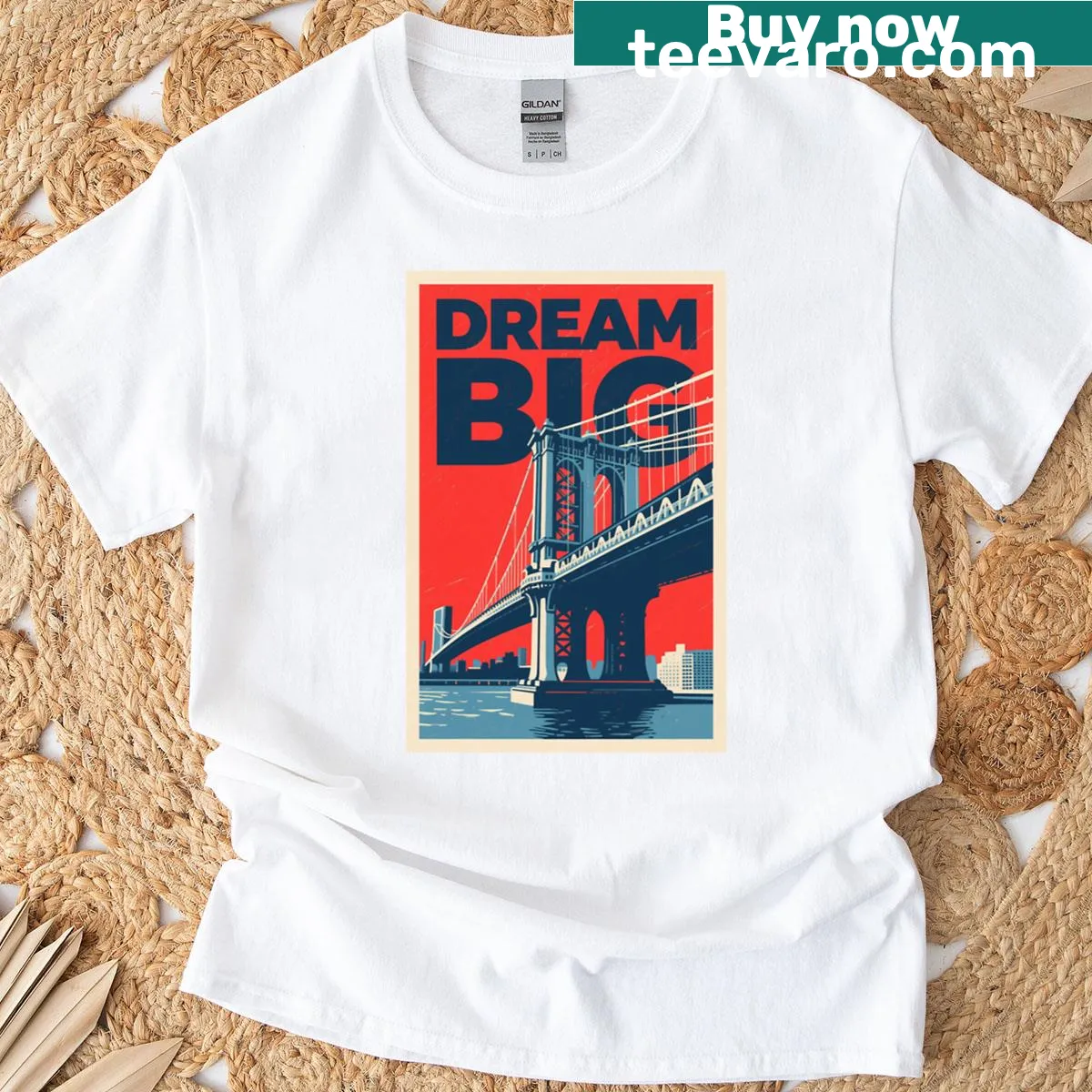 T-shirt featuring the Brooklyn Bridge with inspirational text — on a men's t-shirt