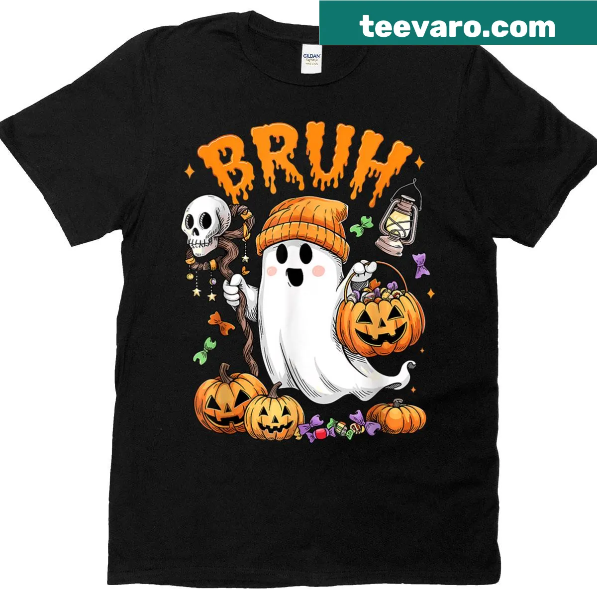 Cute ghost t-shirt with 'Bruh' for Halloween trick-or-treating — on a men's t-shirt