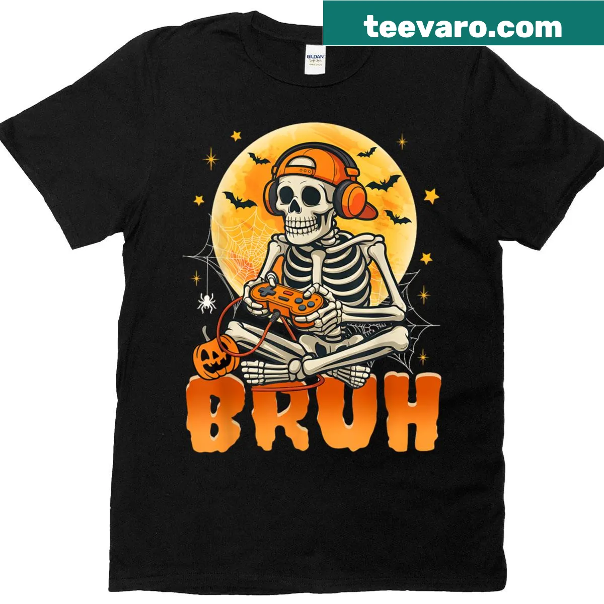 Cartoon skeleton with a gaming controller on Halloween-themed shirt — on a men's t-shirt