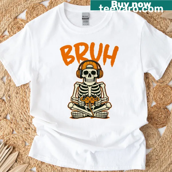 Funny Halloween T-shirt for kids with a skeleton gamer and 'Bruh' text