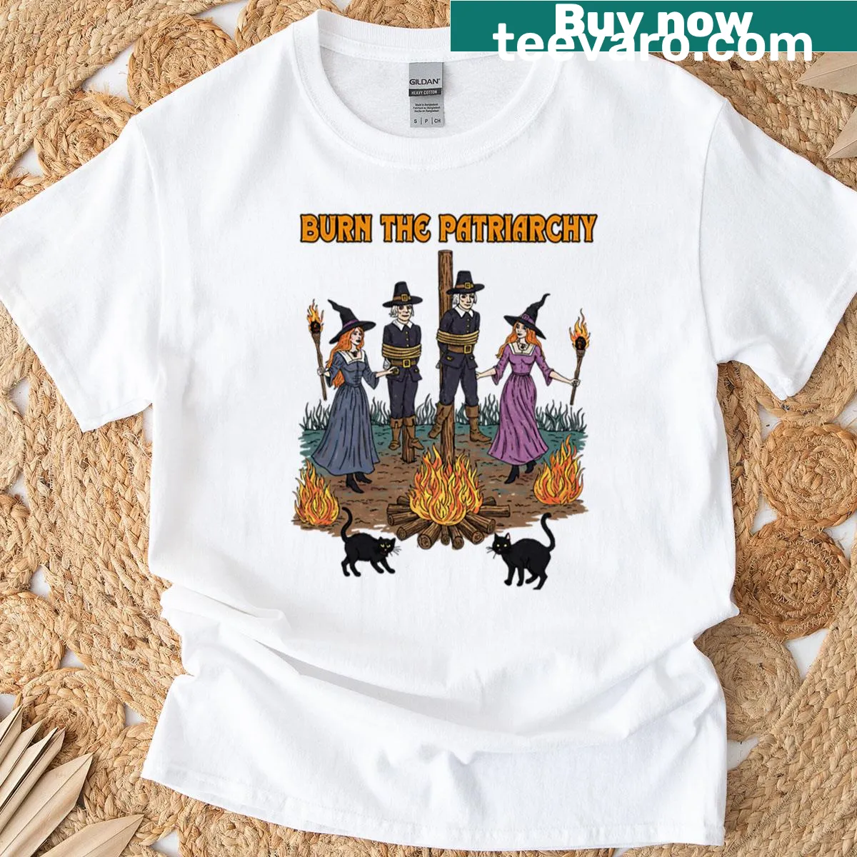 Witch-themed protest T-shirt with 'Burn The Patriarchy' slogan — on a men's t-shirt