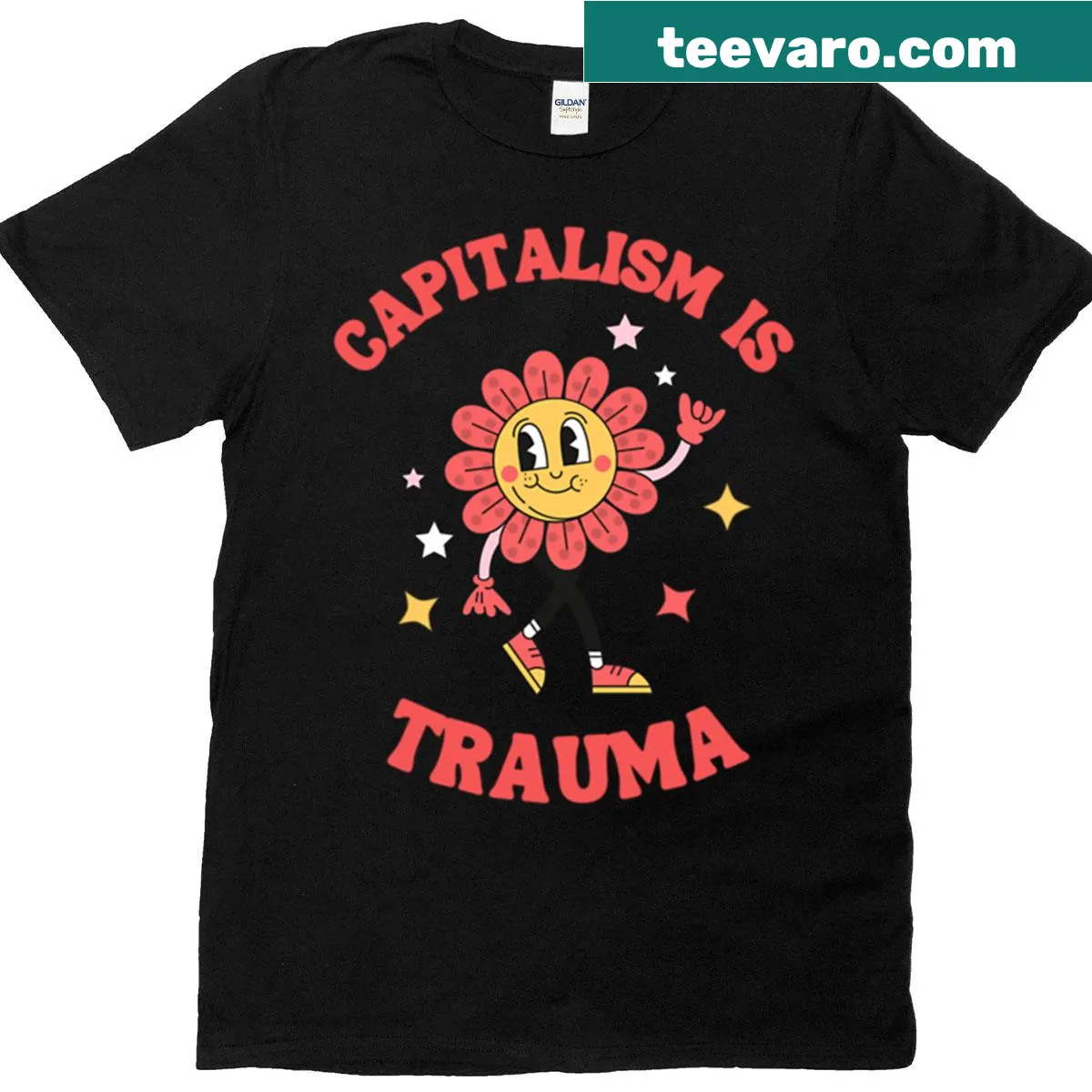 T-shirt with the phrase 'Capitalism Is Trauma' in bold typography — on a men's t-shirt