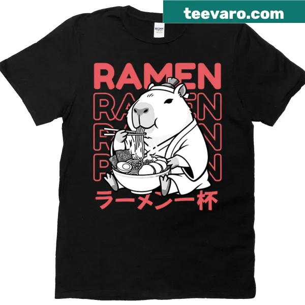 Cartoon capybara enjoying a bowl of ramen T-shirt design