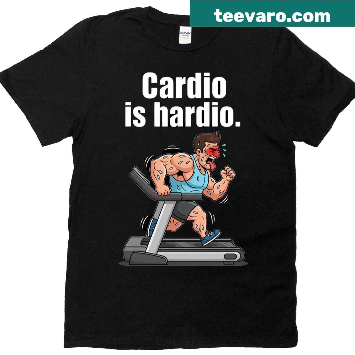 Funny gym motivation shirt with 'Cardio Is Hardio' text — on a men's t-shirt