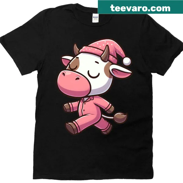 Cartoon cow sleepwalking in pajamas for a funny farm-themed shirt