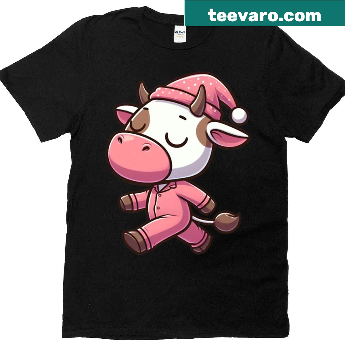 Cartoon cow sleepwalking in pajamas for a funny farm-themed shirt — on a men's t-shirt