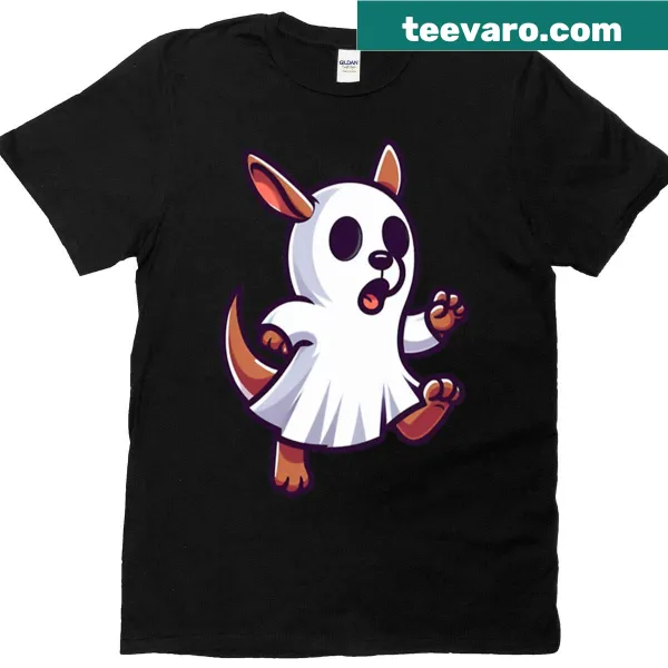 Cute T-shirt featuring a cartoon kangaroo in a ghost costume for kids
