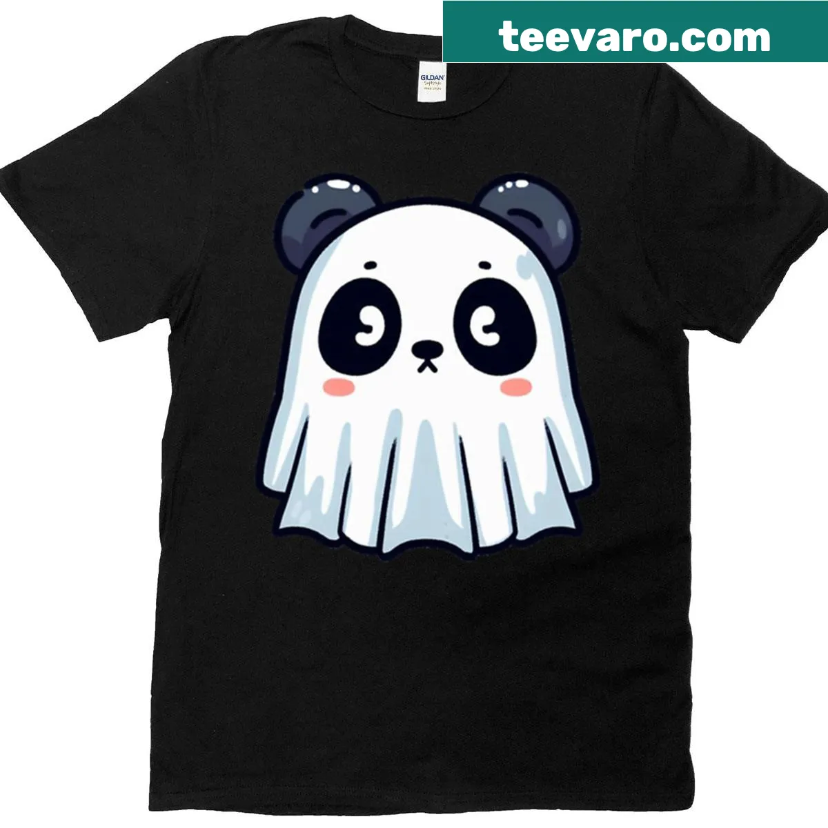 Cartoon panda ghost with eye holes on a funny Halloween t-shirt — on a men's t-shirt
