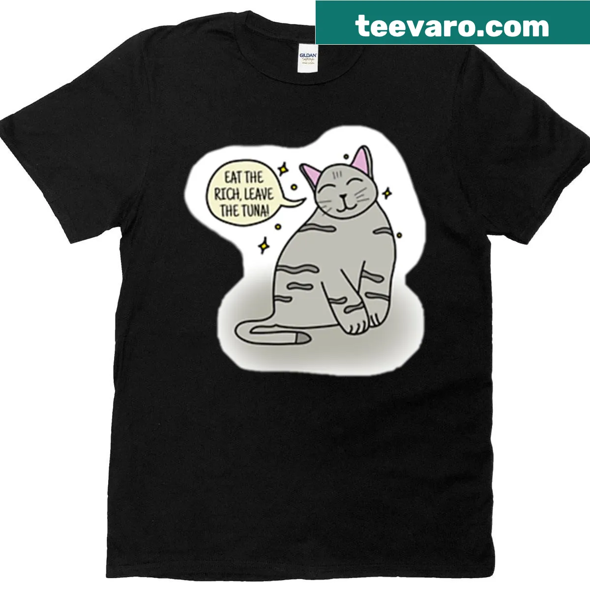 Bold t-shirt with the phrase 'Cat Eat The Rich' in playful typography — on a men's t-shirt