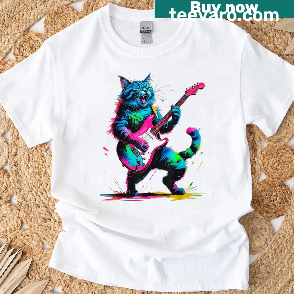Cat playing guitar graphic on a fun rock and roll t-shirt — on a men's t-shirt