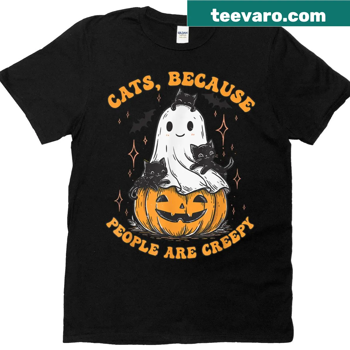 Funny Halloween t-shirt for cat moms with the phrase 'Cats Because People Are Creepy' — on a men's t-shirt