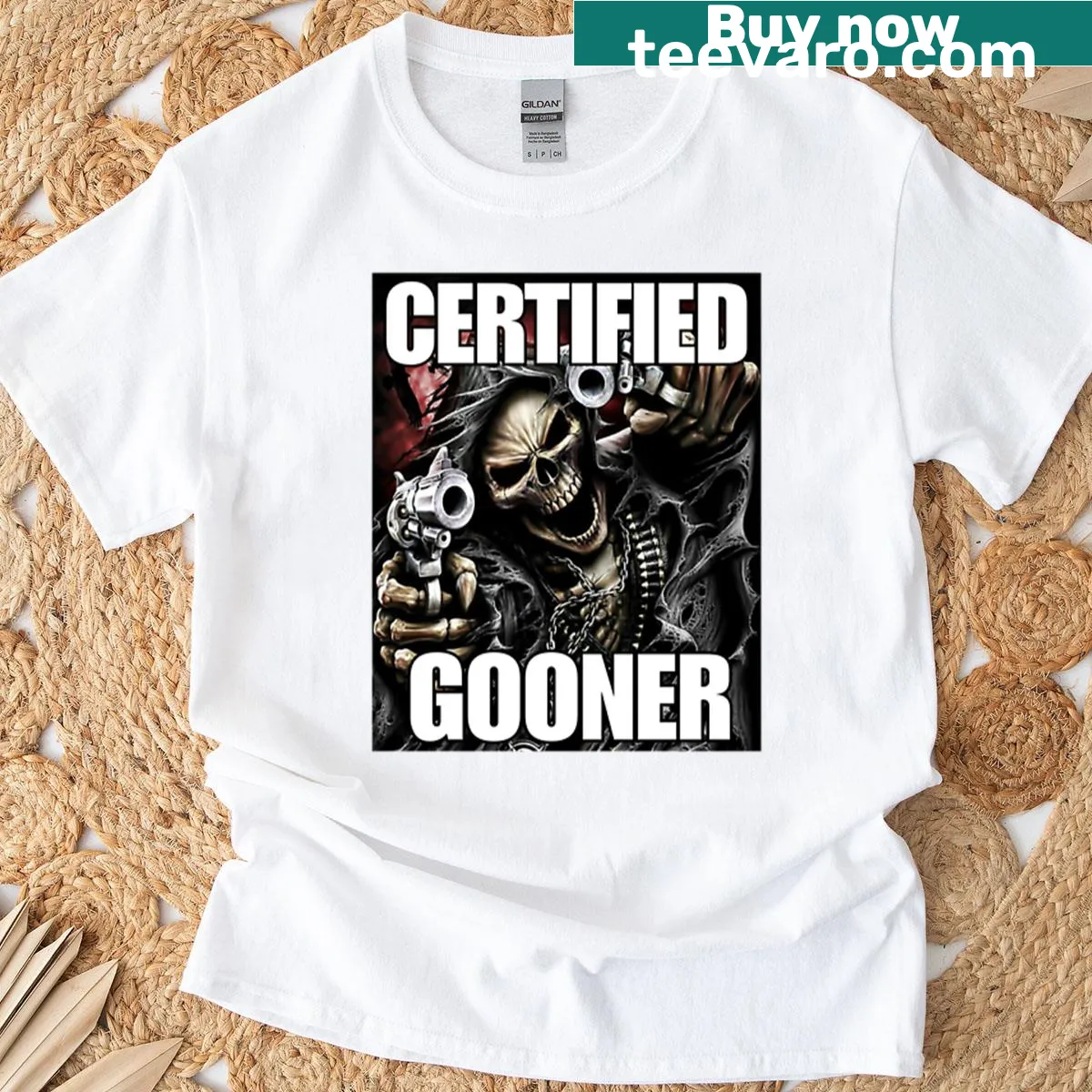 Oversized T-shirt with 'Certified Gooner' skull meme graphic, perfect for gamers — on a men's t-shirt