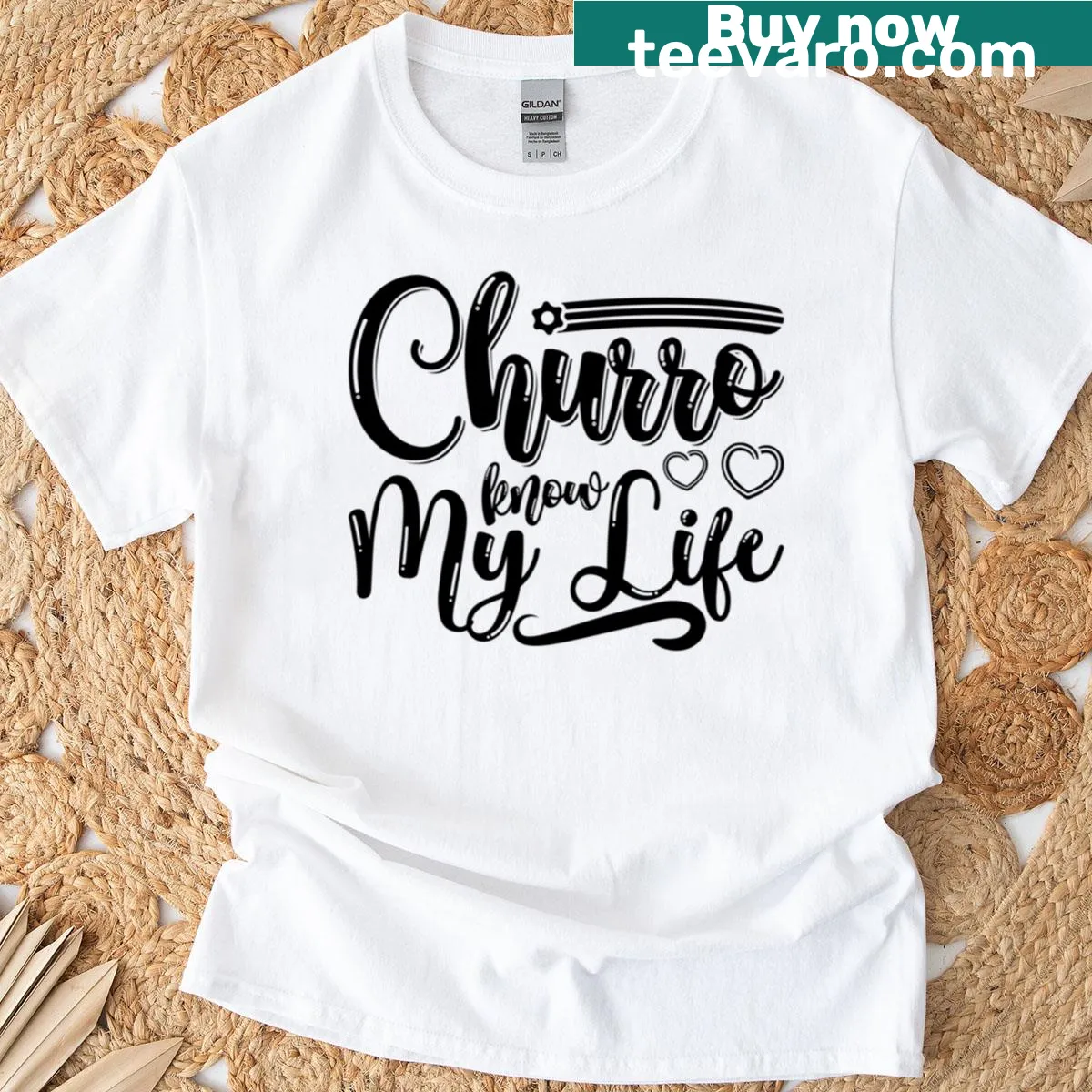Oversized T-shirt with humorous churro-themed text — on a men's t-shirt
