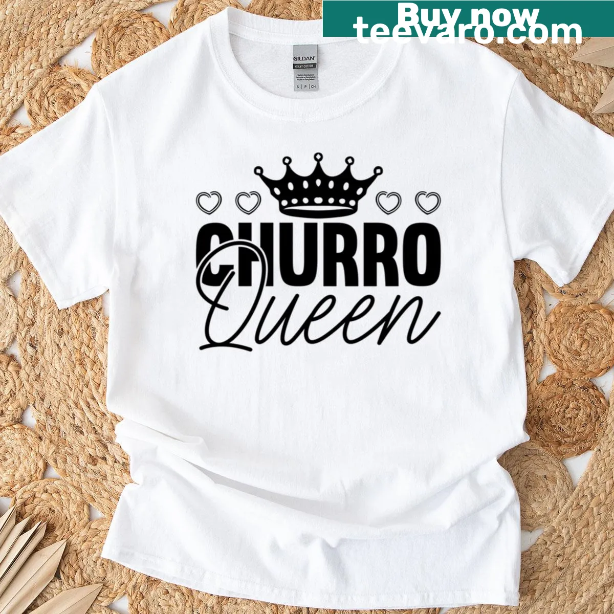 Playful 'Churro Queen' graphic dessert T-shirt — on a men's t-shirt