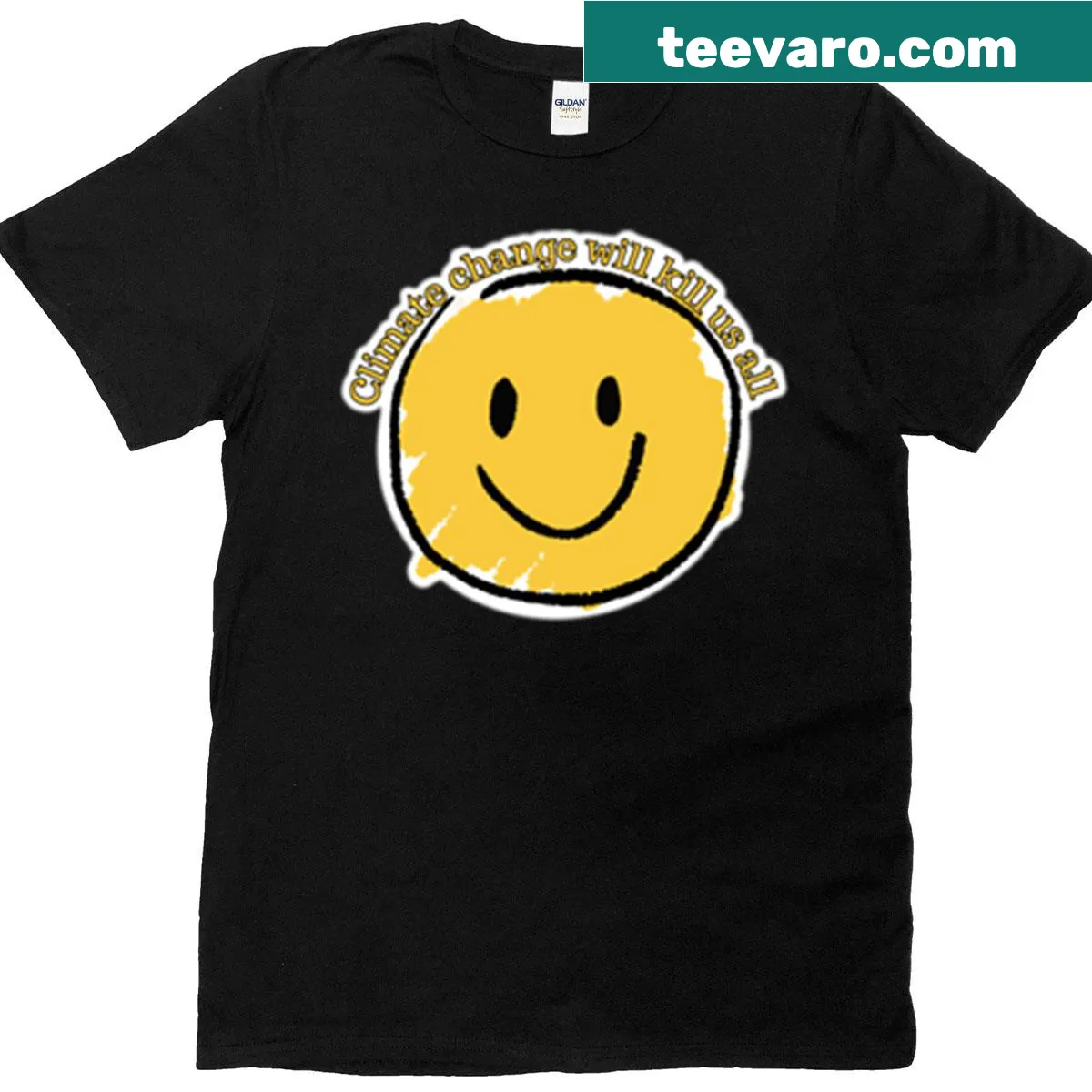 T-shirt with smiley face and text about climate change. — on a men's t-shirt