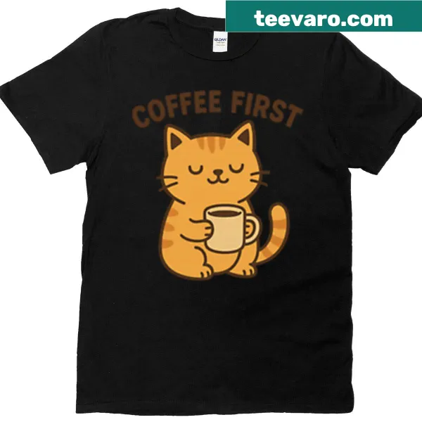 Cute cat-themed t-shirt with text about coffee and adulting