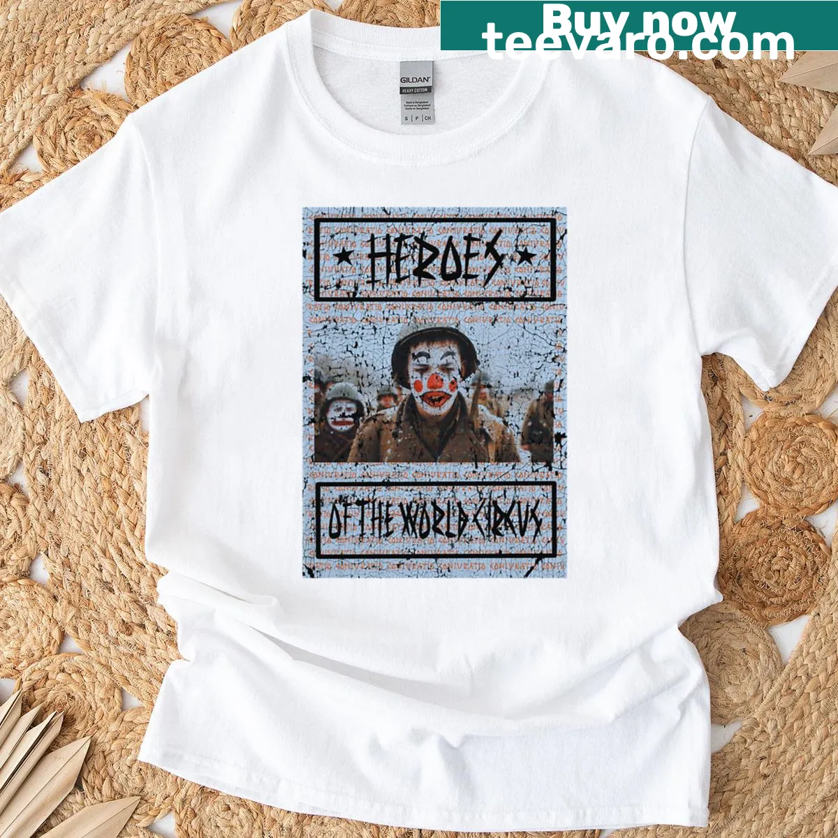 Circus-themed t-shirt with playful illustrations of performers and acrobats — on a men's t-shirt