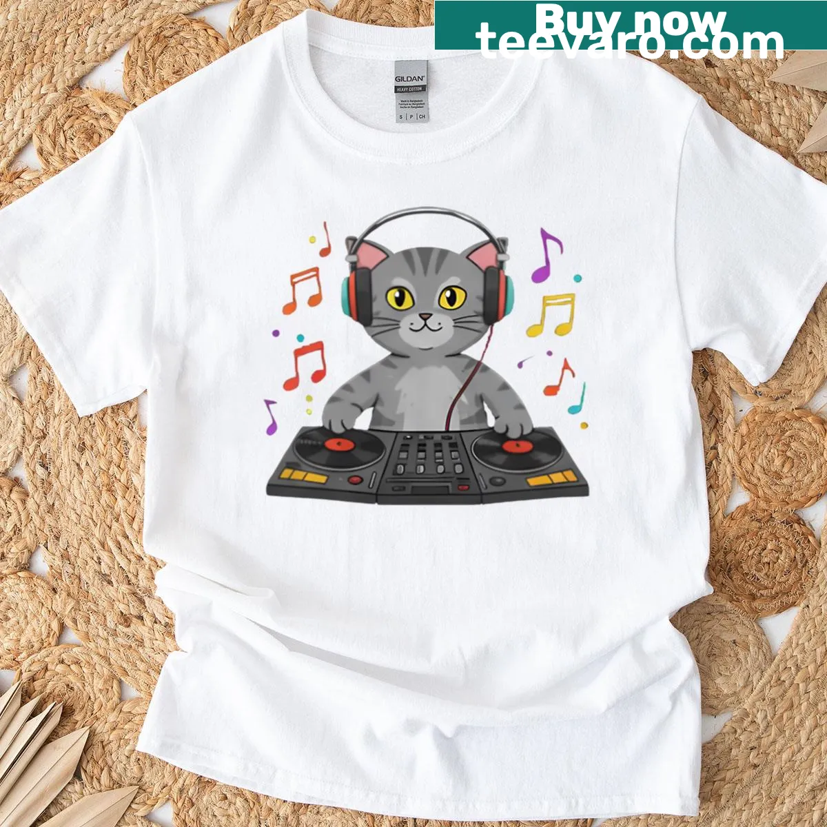 Funny T-shirt with a cartoon gray tabby cat as a DJ — on a men's t-shirt