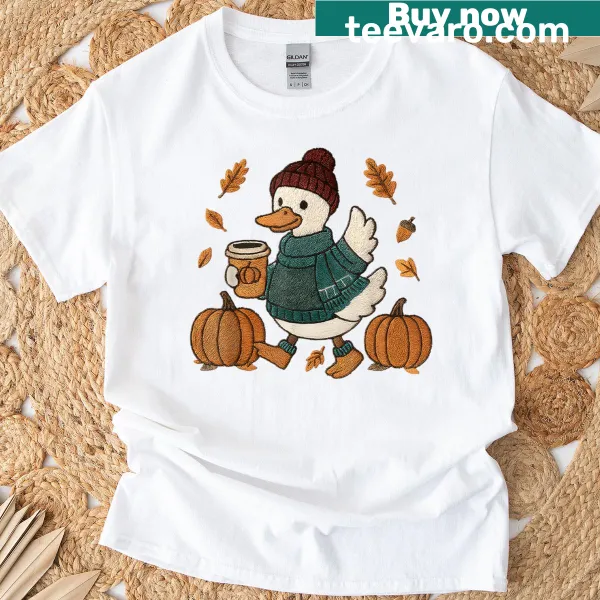 Cute fall duck enjoying pumpkin spice coffee graphic