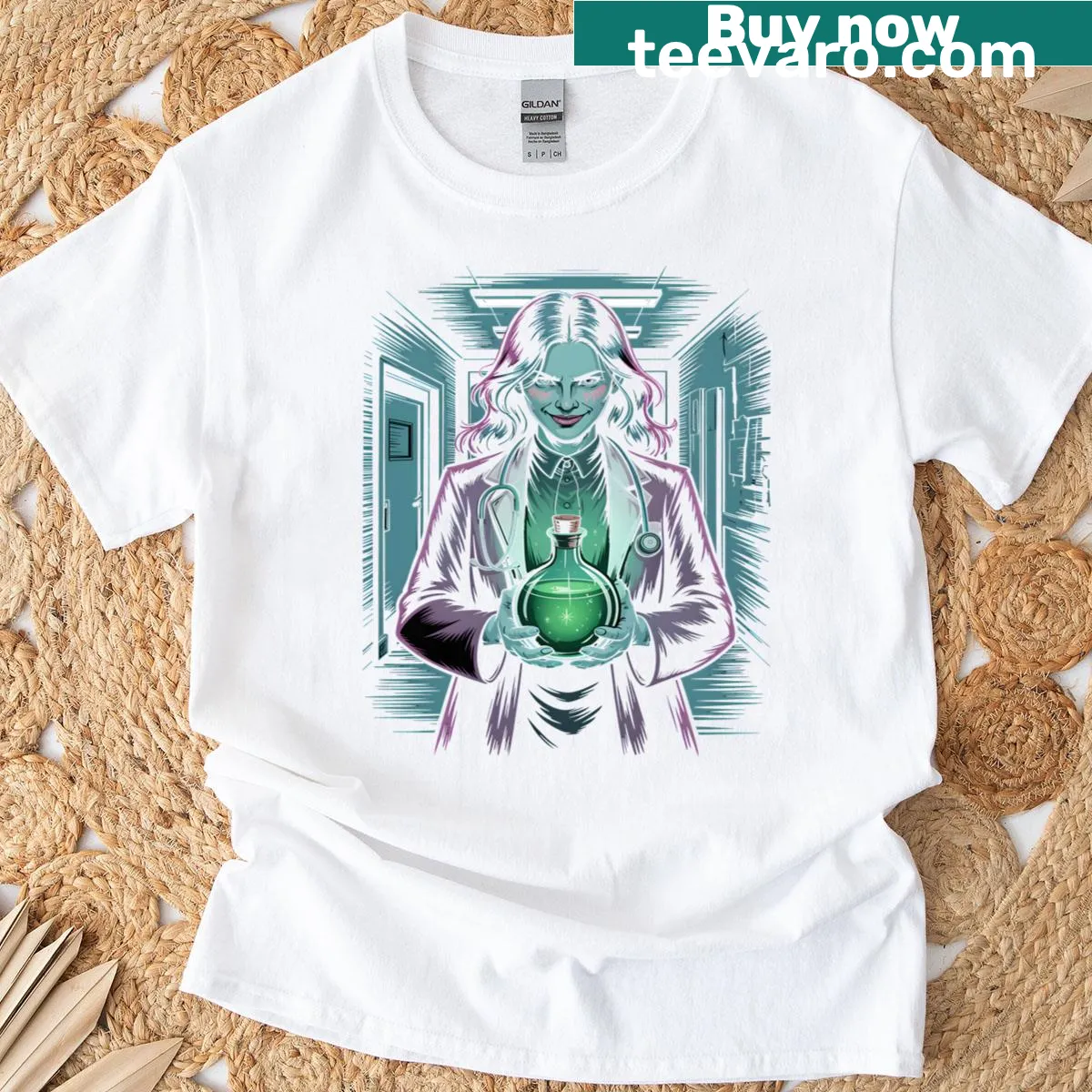 Creepy doctor holding glowing potion graphic on t-shirt — on a men's t-shirt