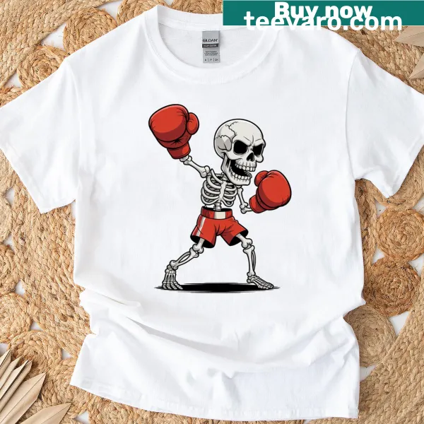 Playful skeleton boxing costume graphic for kids Halloween t-shirt
