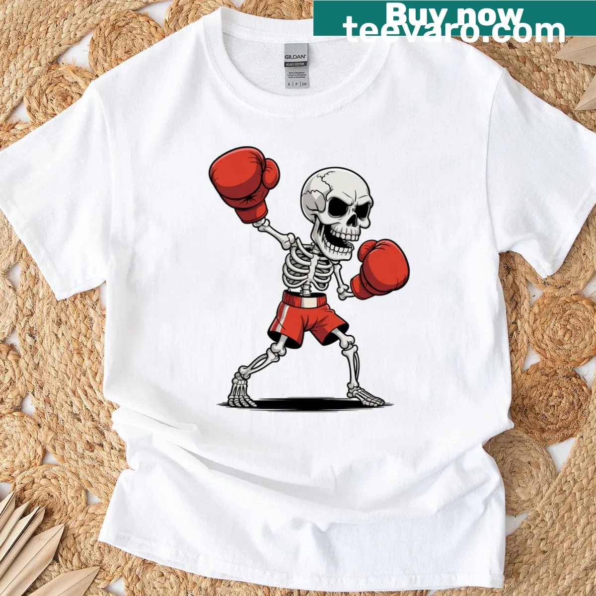 Playful skeleton boxing costume graphic for kids Halloween t-shirt — on a men's t-shirt
