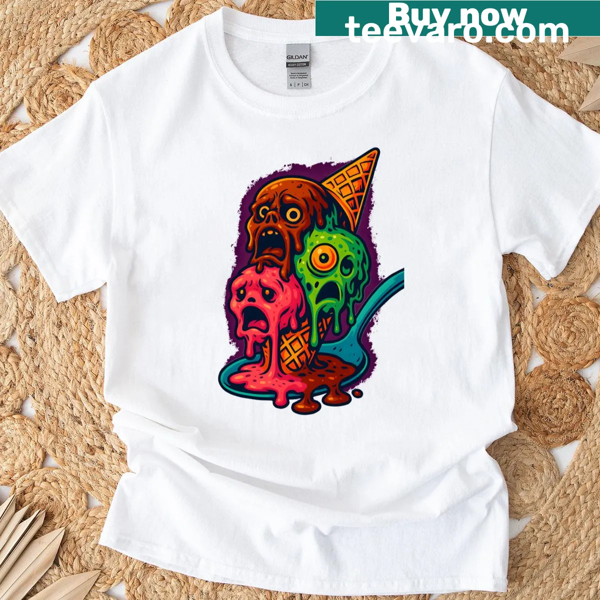 Zombie ice cream cone t-shirt for Halloween with melting scoops. — on a men's t-shirt