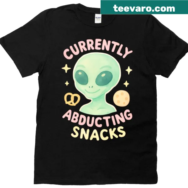 Cute pastel alien graphic with text Currently Abducting Snacks