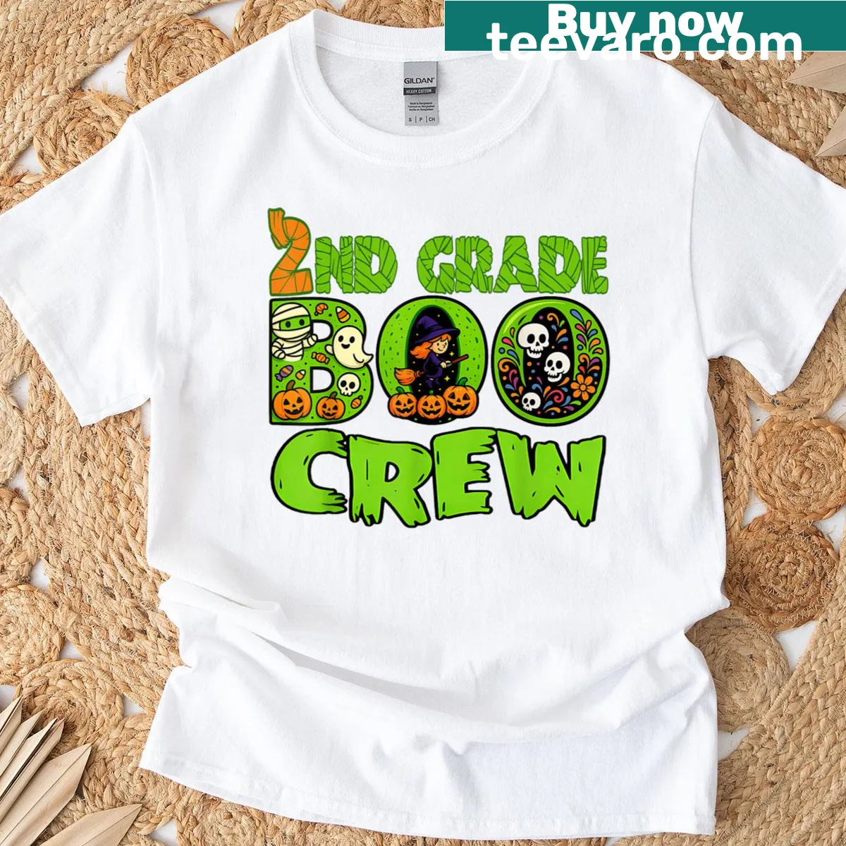 Cute Halloween-themed kids t-shirt with mummy, witch, and pumpkin — on a men's t-shirt