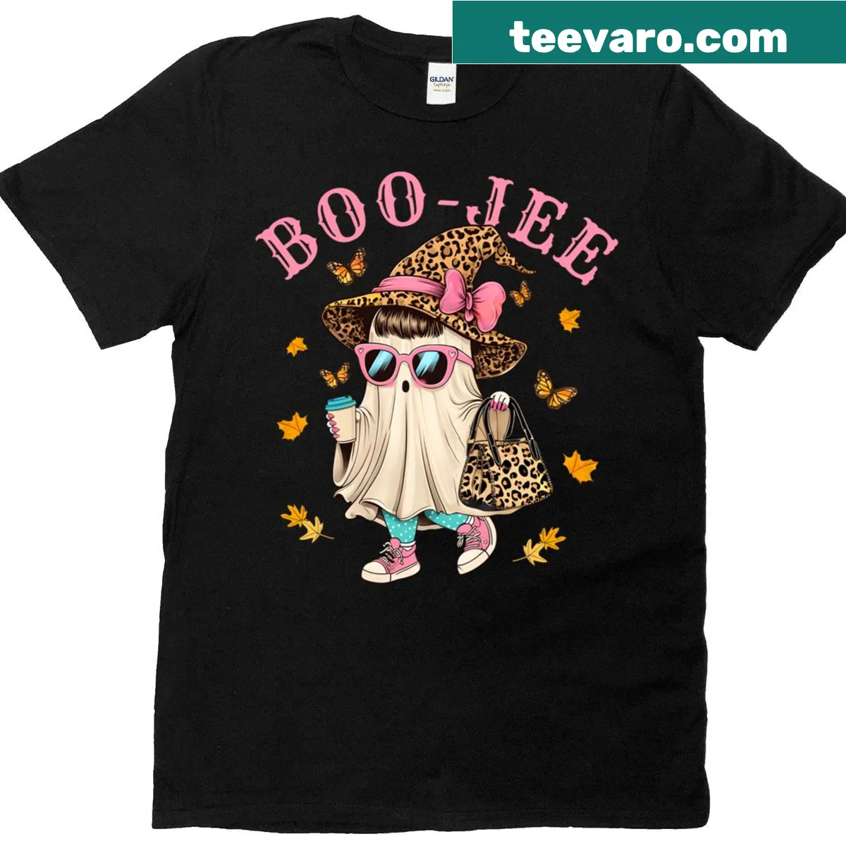 Cute Halloween ghost design with leopard print and coffee elements. — on a men's t-shirt