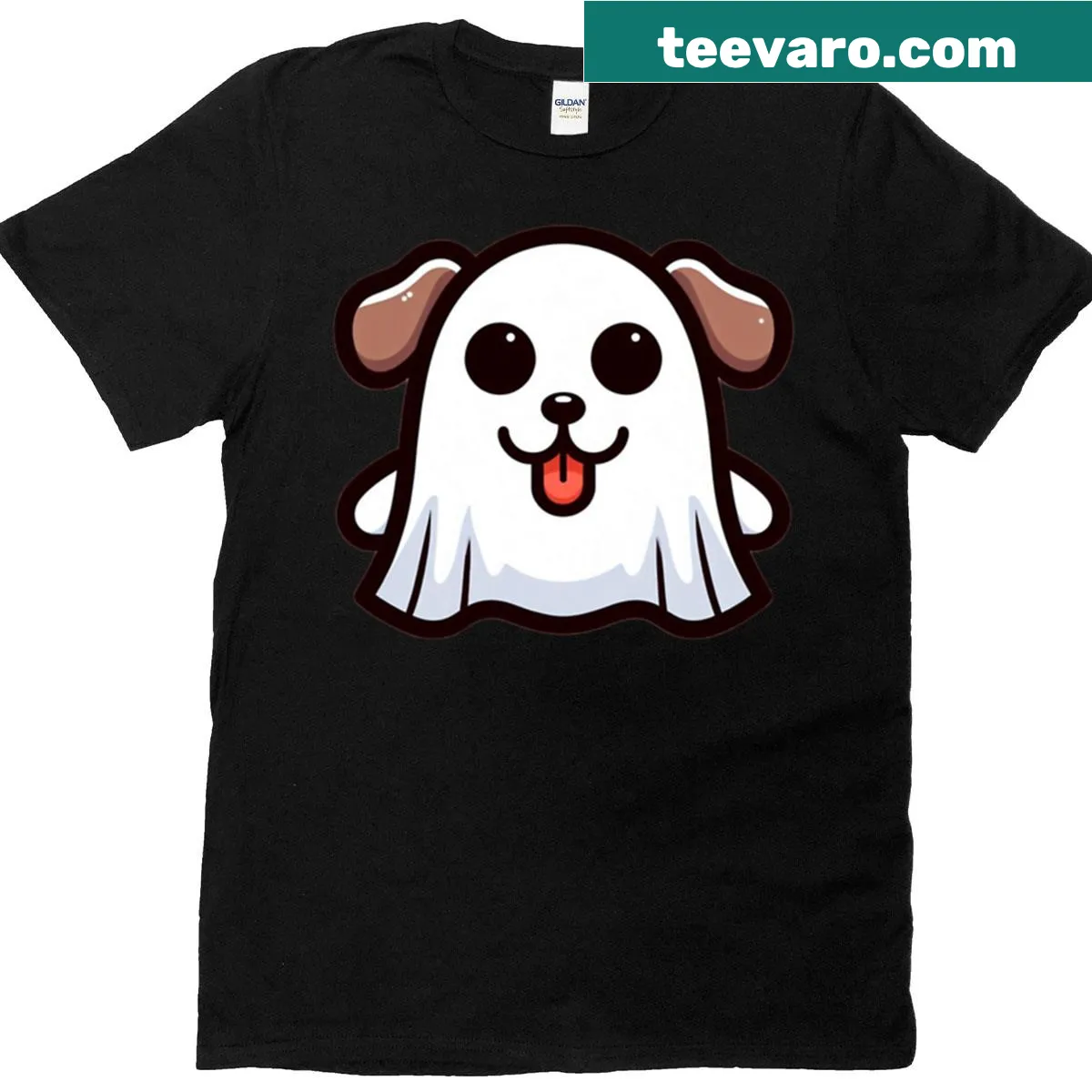 Cartoon dog in a ghost costume on a t-shirt — on a men's t-shirt