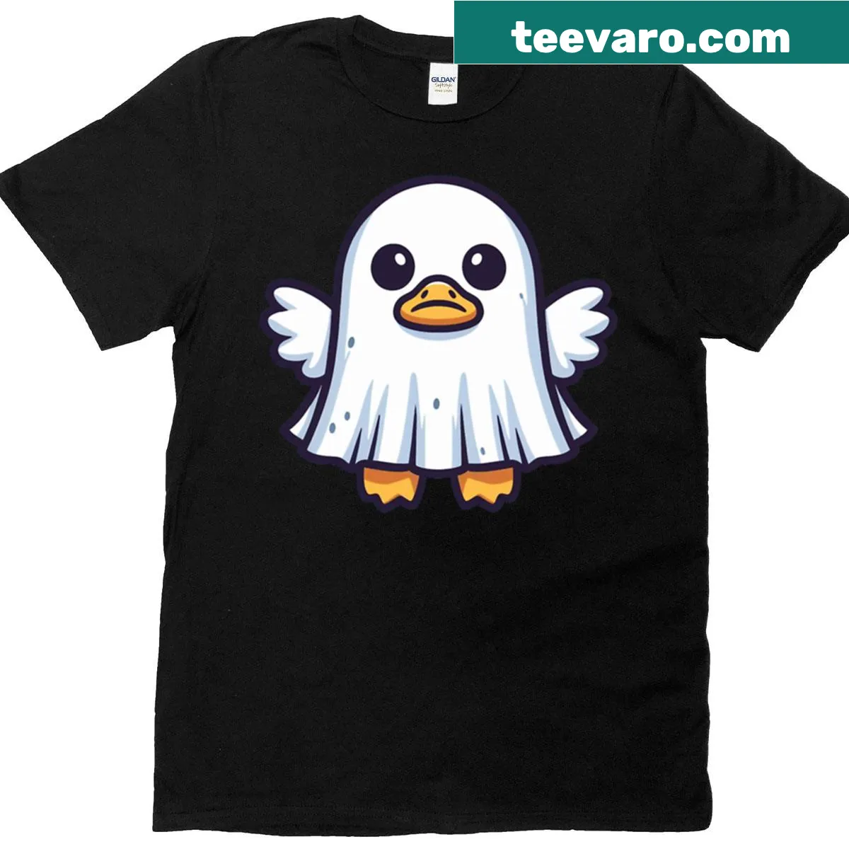 Cute cartoon duck ghost in sheet costume design T-shirt — on a men's t-shirt