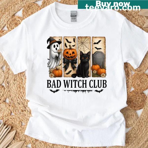 Vintage Halloween t-shirt with ghost, black cat, and pumpkin graphic