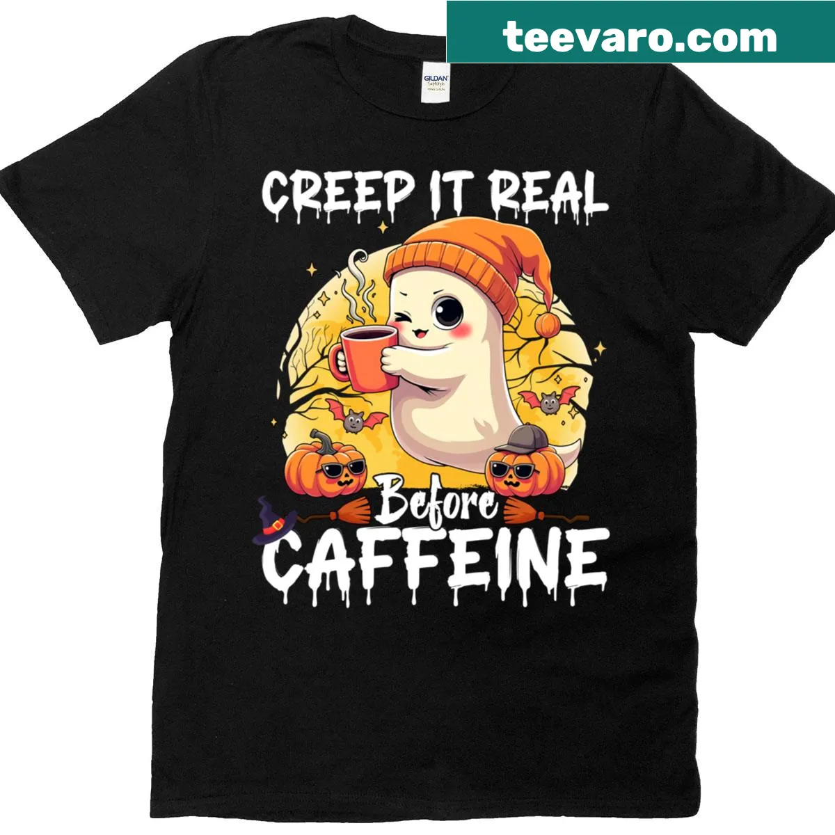 Cute ghost holding coffee with Halloween text on t-shirt — on a men's t-shirt