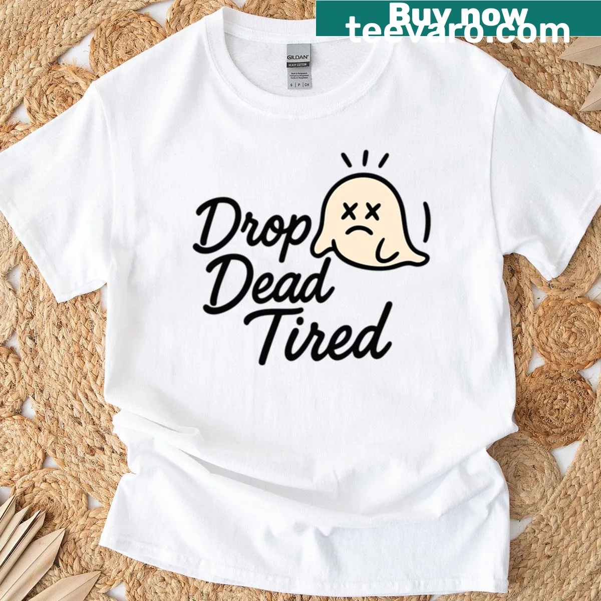 Oversized t-shirt with a cute ghost and 'Drop Dead Tired' text — on a men's t-shirt