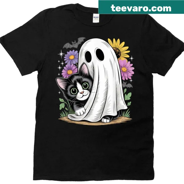 Halloween t-shirt with a cute ghost and black cat design