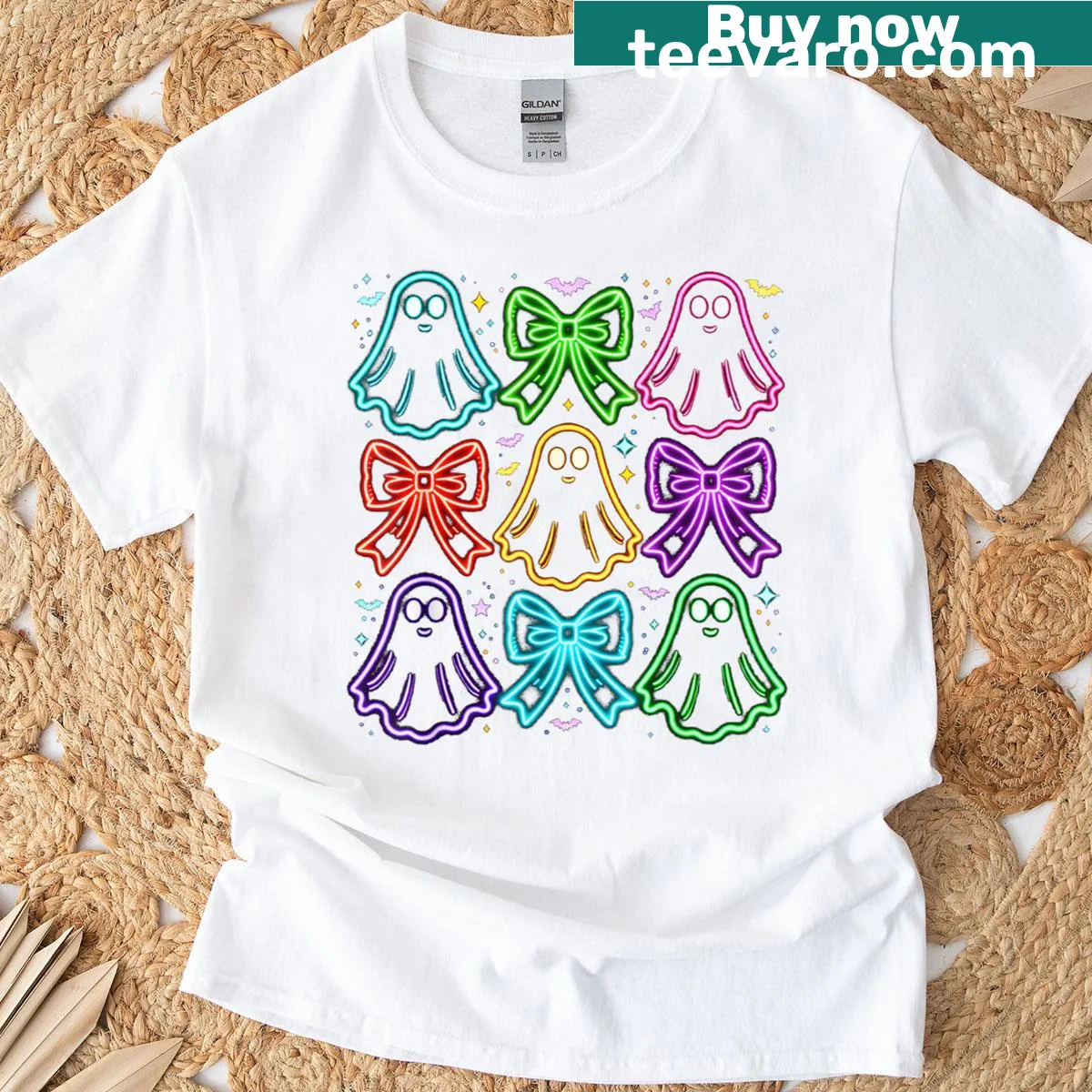 Halloween T-shirt with cute ghost, pumpkin, and coquette bow graphic — on a men's t-shirt